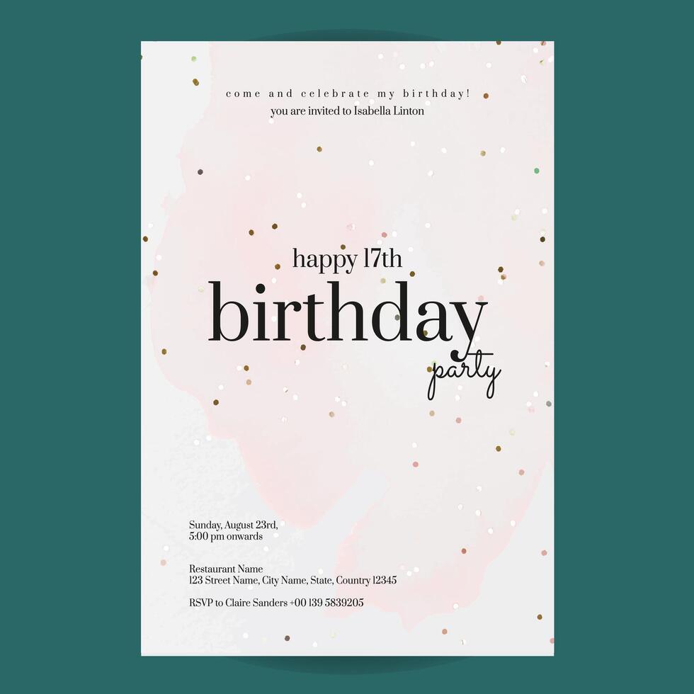 Happy 17th birthday party invitation with watercolor and gold confetti vector