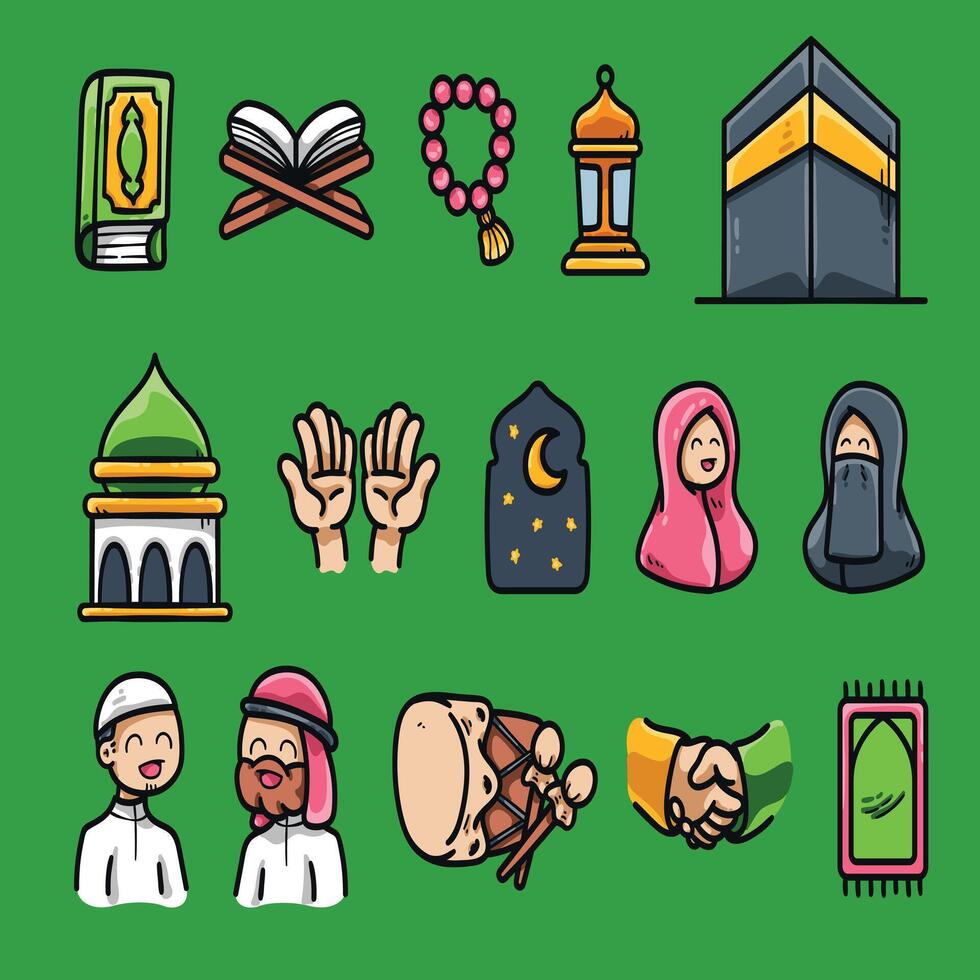 Islamic cartoon set representing various religious symbols and practices vector