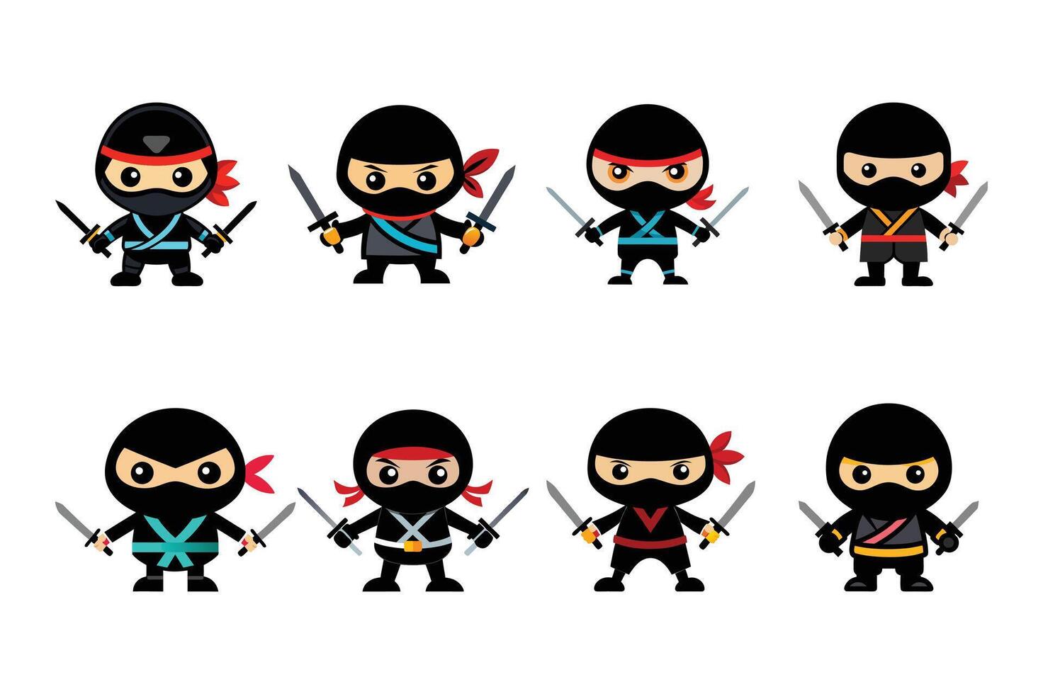 Set of Ninjas in various weapons illustrations vector