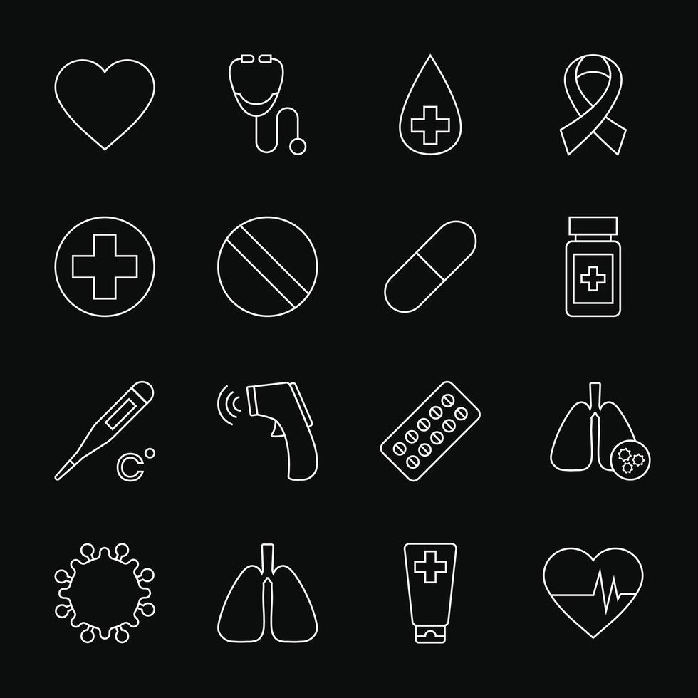 Medical icons representing healthcare and disease prevention are displaying on black background vector