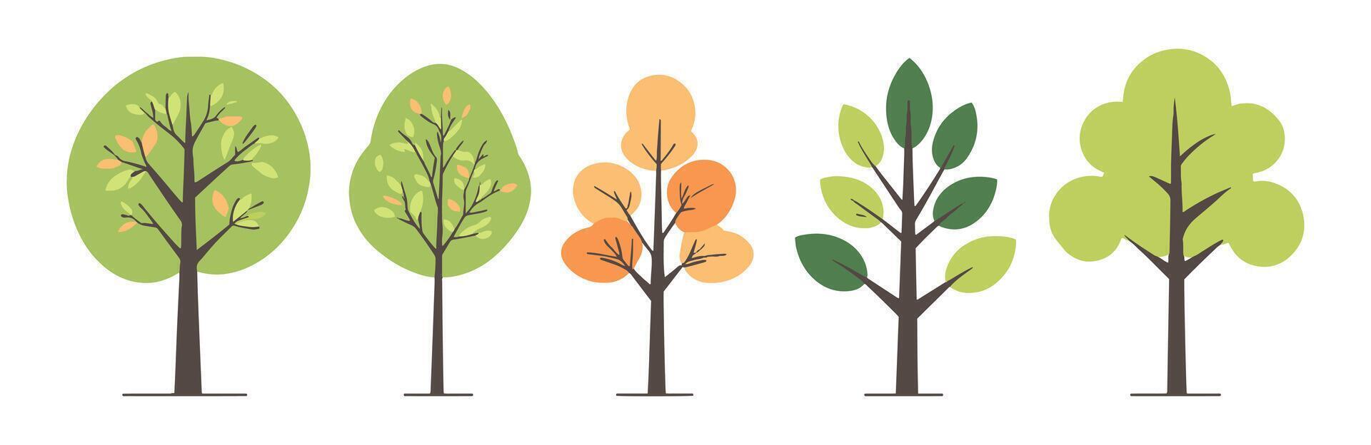 Set of tree and leaf collection hand drawn flat design element lush green tree vector