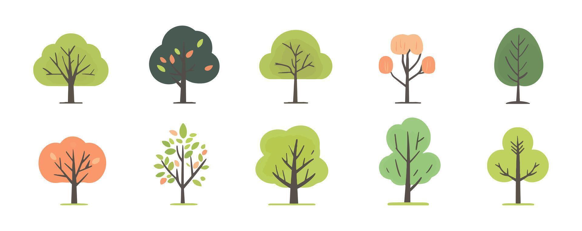 Set of tree and leaf collection hand drawn flat design element. botanical set of trees vector