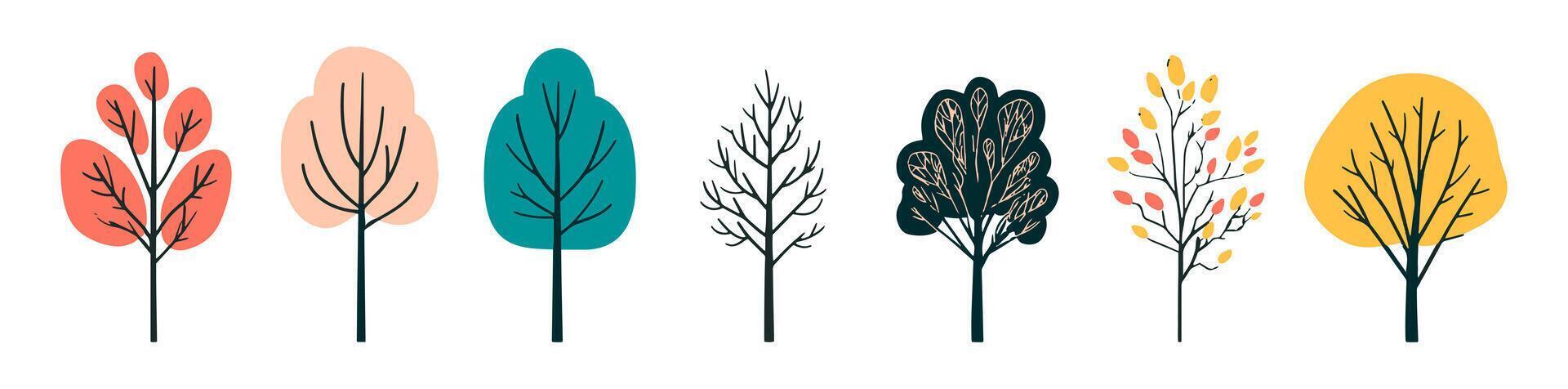 Set of tree and leaf collection hand drawn illustration flat design element. botanical set of bare trees and ones with leaves and lush green vector