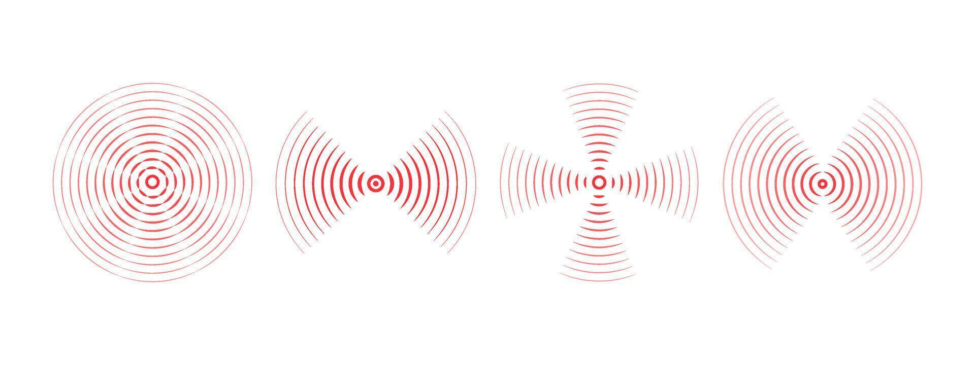 Set of red rings with sound waves, intermittent lines and dots. Sonar rings with radial lines. Radar icon, target, epicenter. Pulsating signal. concentric circles of ripples. vector