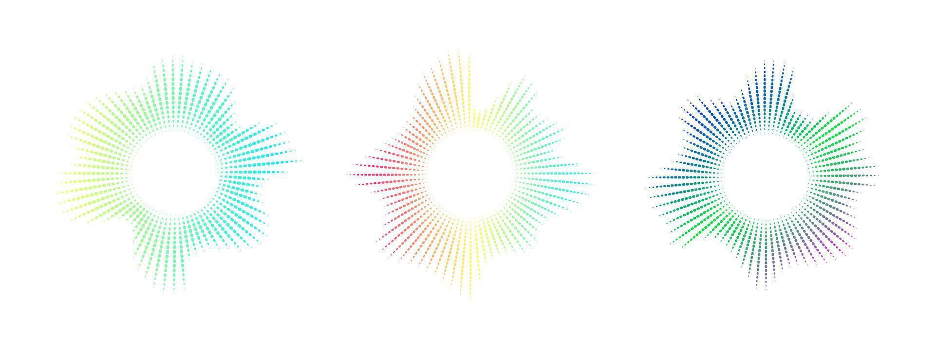 Neon dot equalizer set. Audio multicolor waves. Music symbol, circular sound waves. Radial spectrum. illustration. vector