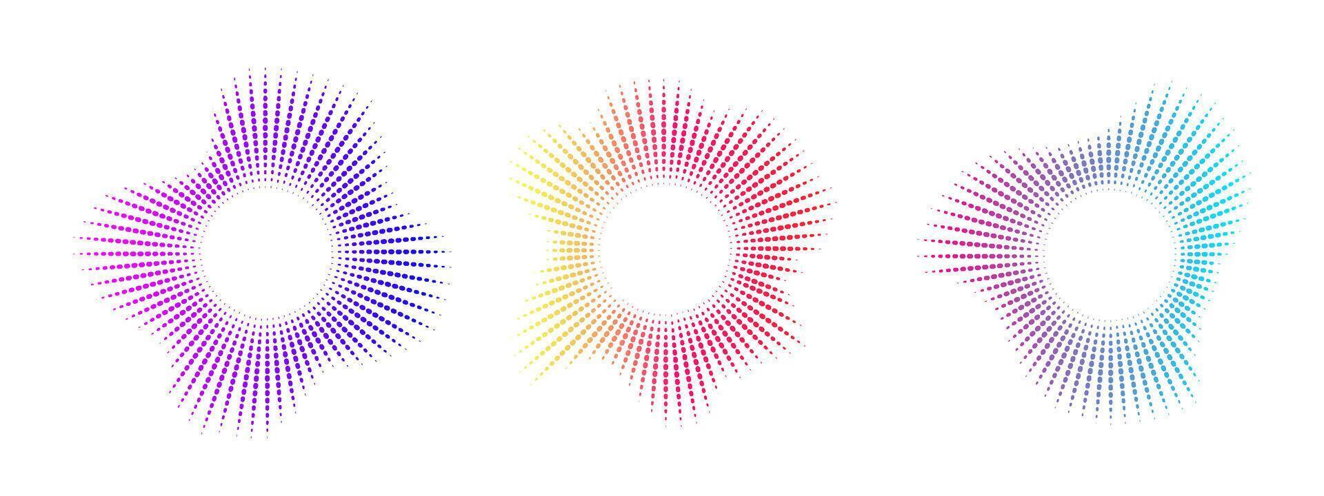 Neon dot equalizer set. Audio multicolor waves. Circular audio waves. Radial curve of sound spectrum . illustration. vector