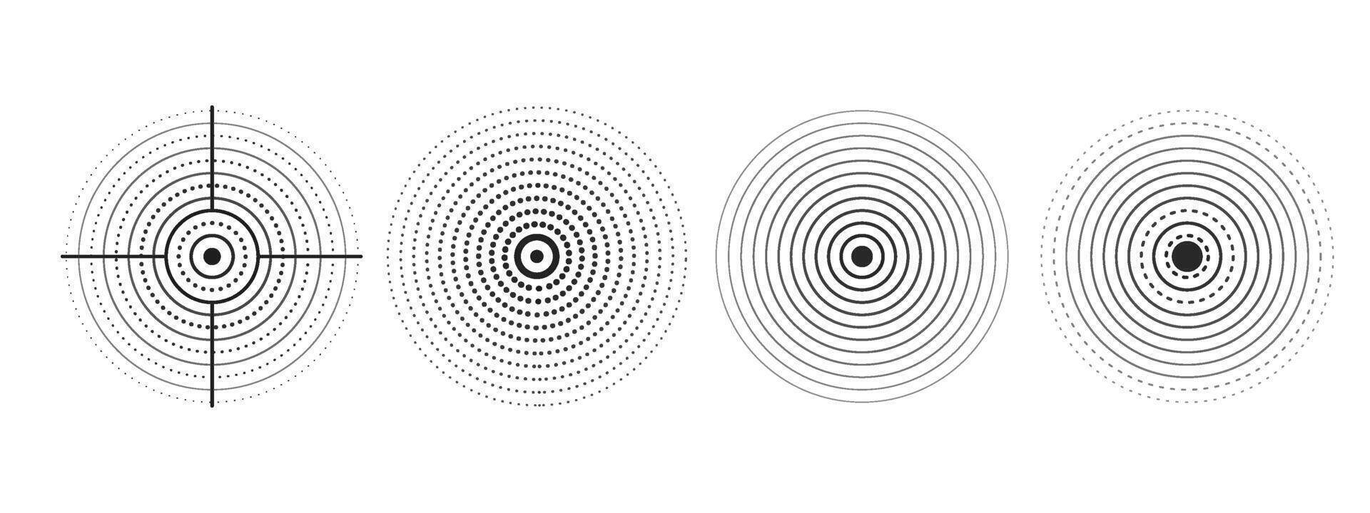 Set of black rings with sound waves, interrupted lines and dots. Sonar rings with radial lines. Radar icon, target, epicenter. Pulsating signal. concentric vortex circles. vector