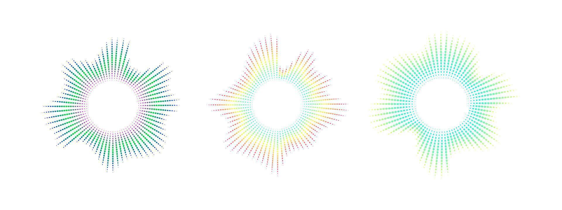 Neon dot equalizer set. Audio multicolor waves. Circular audio waves. Radial spectrum . illustration vector