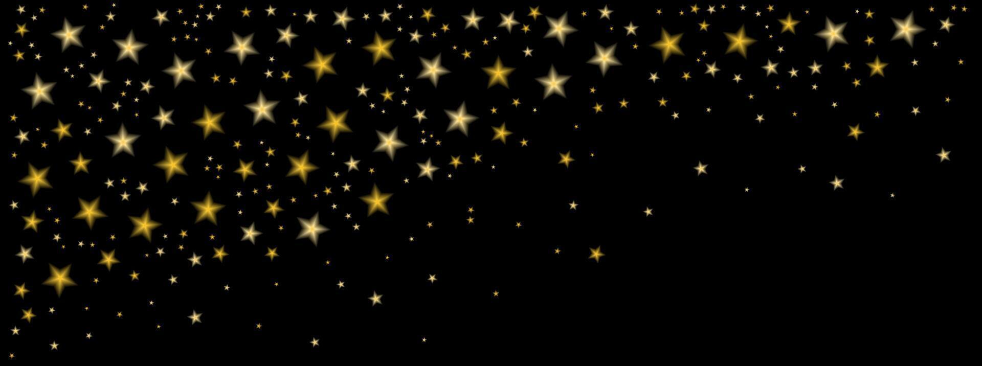 Gold shooting stars confetti background. Shiny golden Christmas border with flying blurred stars Festive background for Xtmas, New Year or birthday decoration. illustration on black background vector