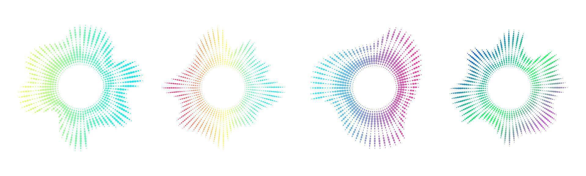 A set of neon dot circular equalizers. Audio multicolor waves. Music symbol, circular sound waves. radial spectrum. vector