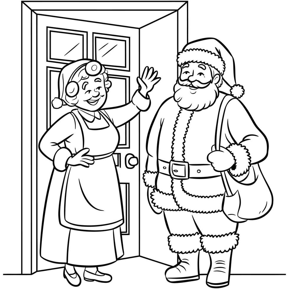 Mrs. Claus Waves Goodbye A Post-Christmas Coloring Scene vector
