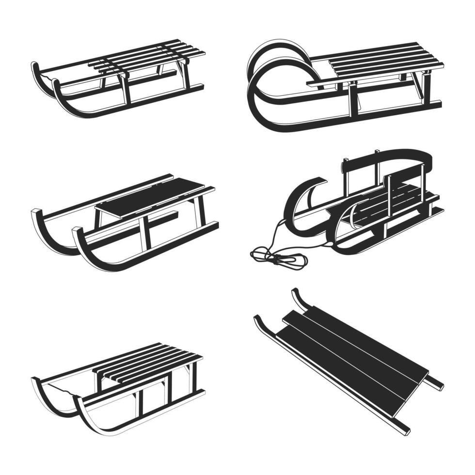 Wooden Sleigh silhouette symbol set. Winter sledge for children icon collectio vector