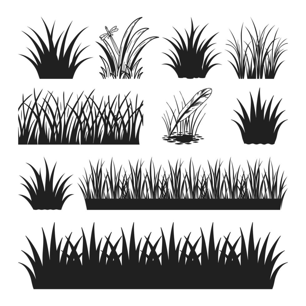 Black Grass Borders Set Isolated White Background, Illustration vector