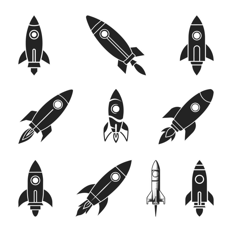 Rocket icon Silhouette. Simple outline rocket signs set. Rocket launched icon Illustration. vector
