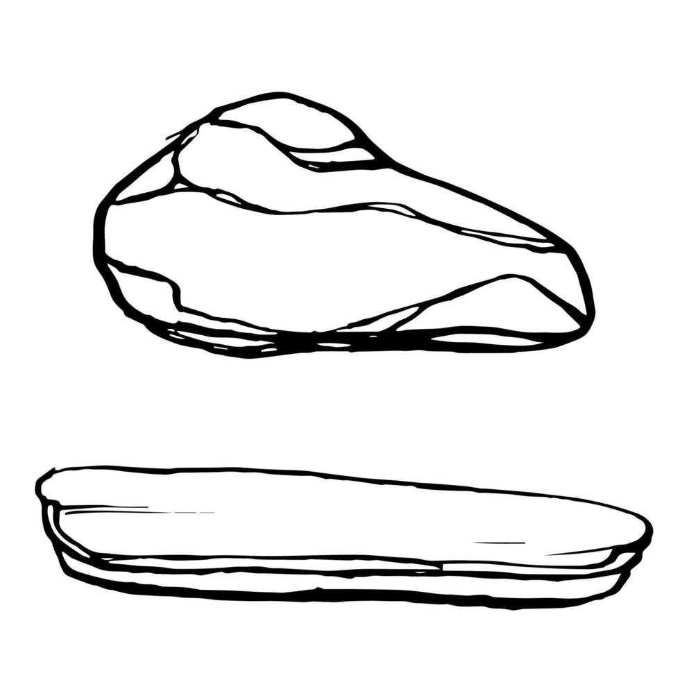 Stones sketch. monochrome illustrations of Natural stone in outline style. Hand drawings in black and white graphics. Outline doodle rock structure. Pebble and boulders painted by black inks vector