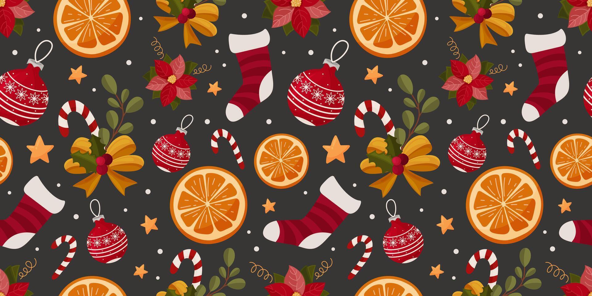 Winter seamless pattern with Christmas elements candy cane, orange, sock, branches and poinsettia, flower, holly berry. vector