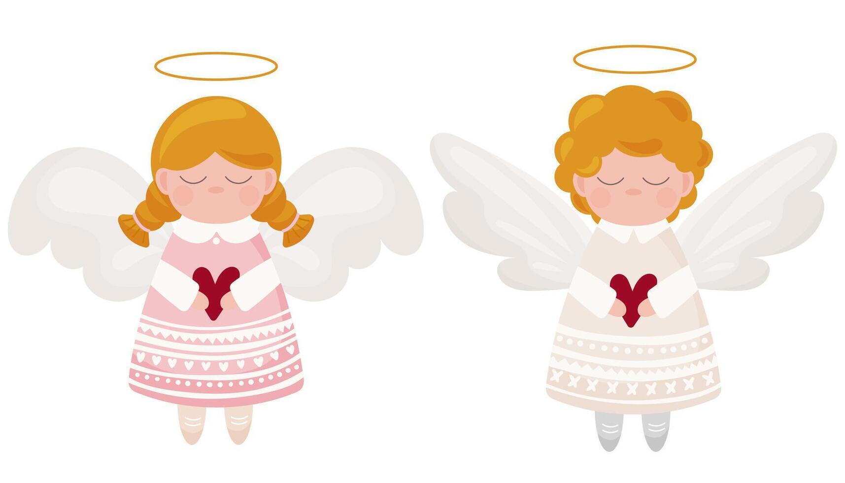 Set of two cute angels. Tender and beautiful christian symbols. Stickers for christmas winter festivities, communion, greeting cards. Hand drawn collection in cartoon style vector