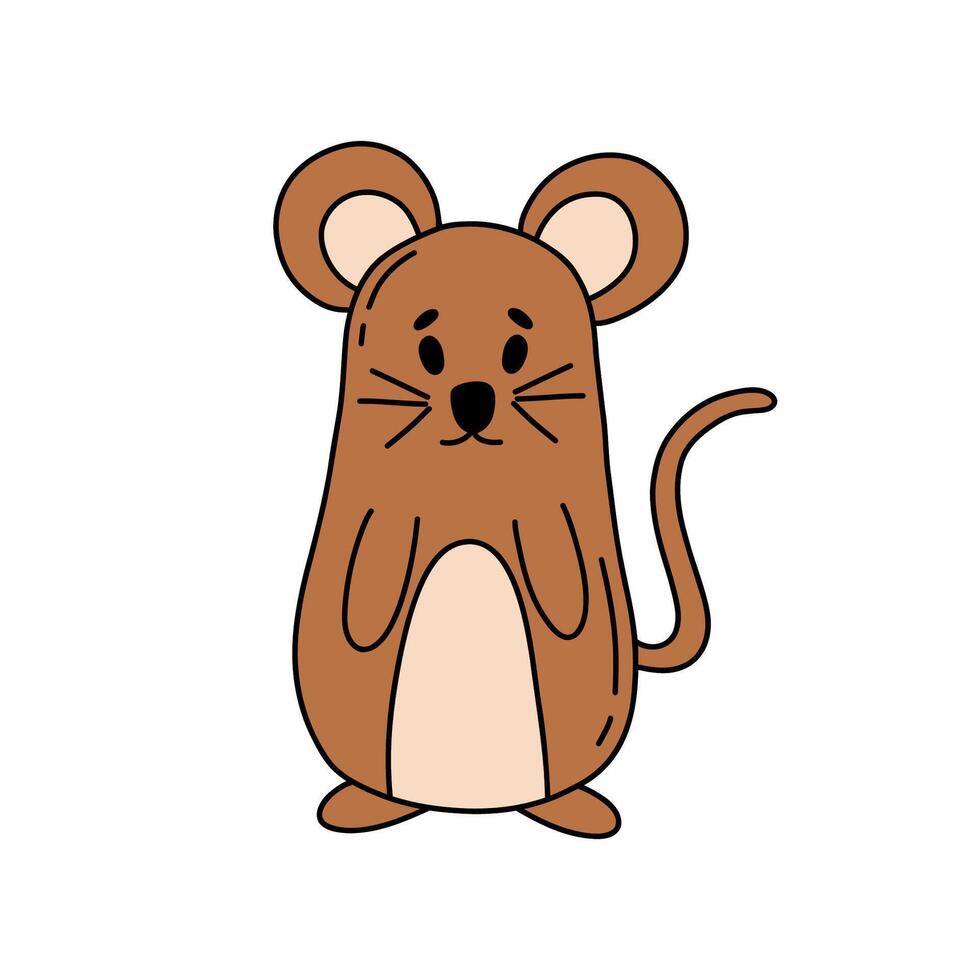 Cute mouse in doodle style. Cartoon brown mouse. Hand drawn illustration isolated on white background. vector