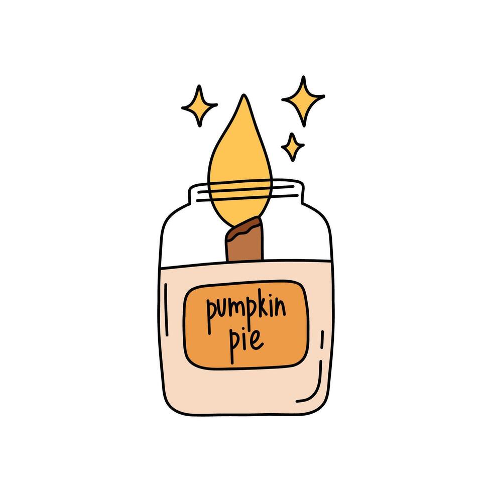 Burning candle with pumpkin pie scent in doodle style. Aroma candle in a transparent jar with a wooden wick. Hand drawn illustration isolated on white background. vector