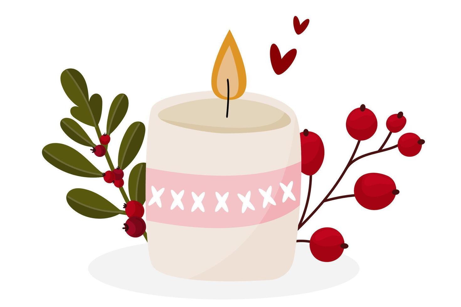 Christmas illustration of burning candle with red berries and winter leaves. Cartoon style. Winter festivities design for greeting cards and decoration vector