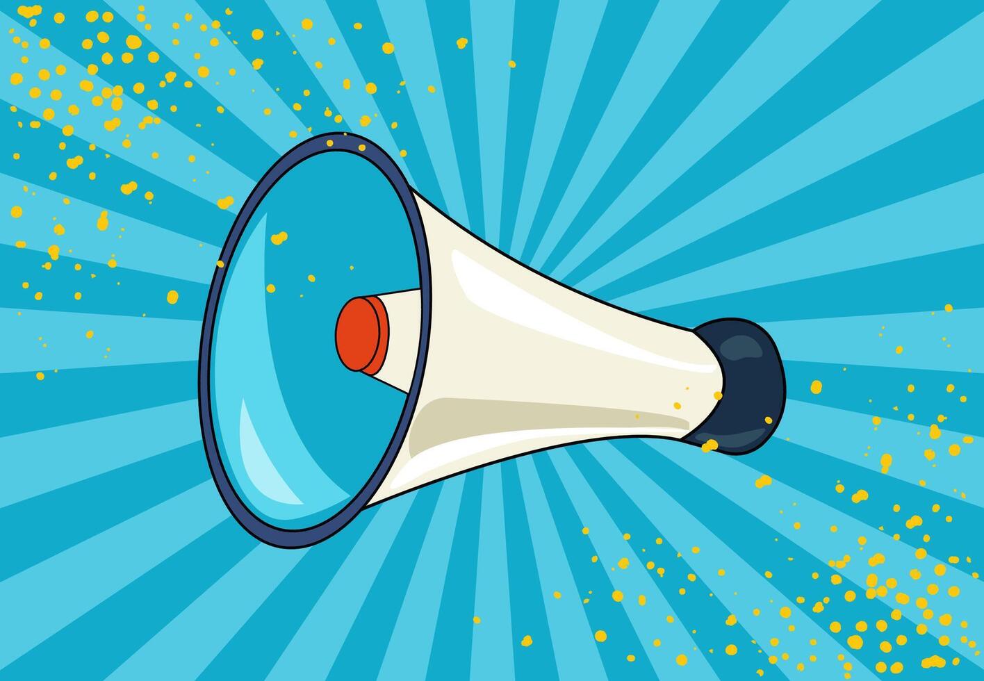 Loudspeaker on a blue background with diverging rays in pop art style. Concept of announcement, advertising, sale. vector