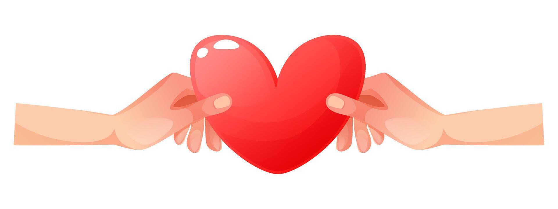 illustration of hands holding pink heart, giving love, valentine, receiving love. Heart in hand. Symbol of kindness, love, empathy, charity, mental health and family. Valentine's day. vector