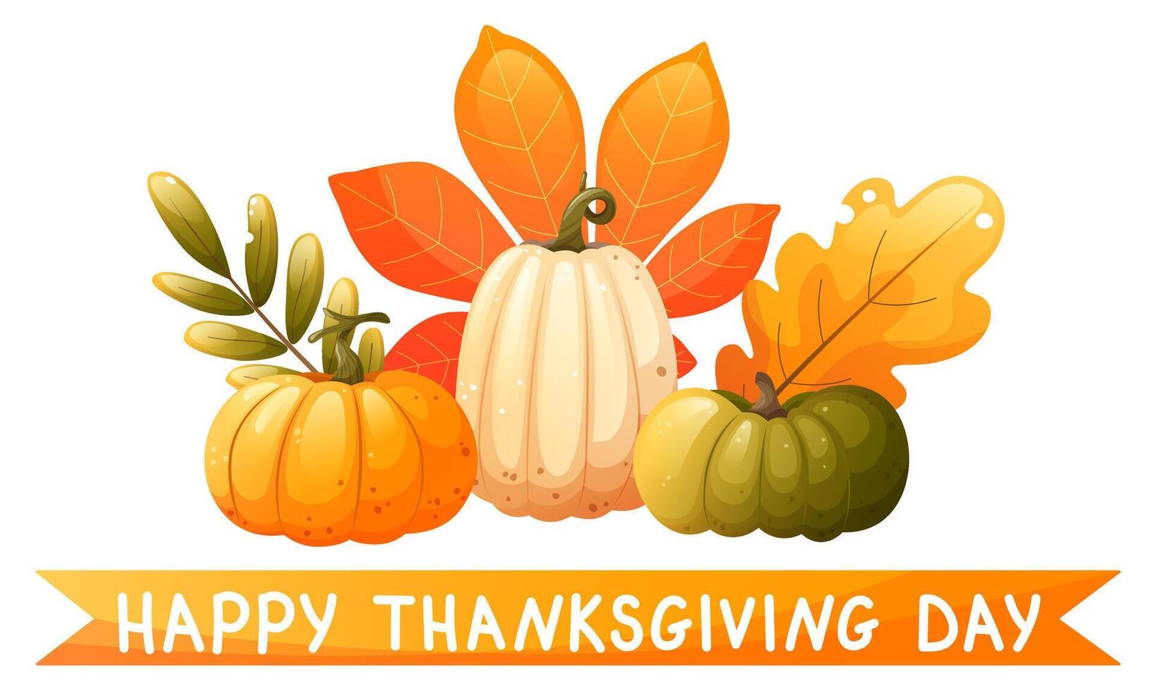 illustration for thanksgiving greeting. Happy Thanksgiving text with autumn leaves and pumpkins. Color illustration for holiday greeting card, invitation, web banner. vector