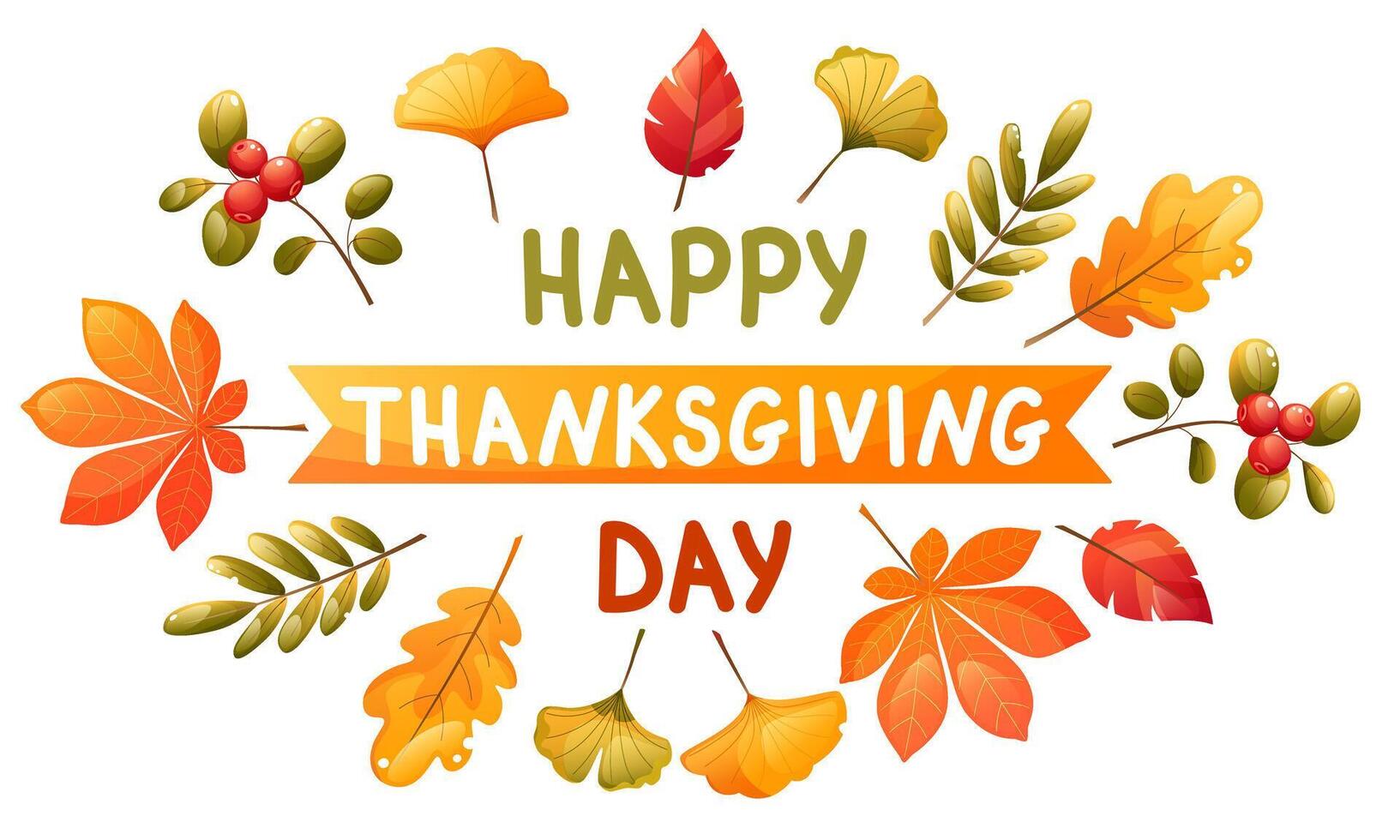 illustration for thanksgiving greeting. Happy thanksgiving text with autumn leaves and berries. Color illustration for holiday greeting card, invitation, web banner. vector