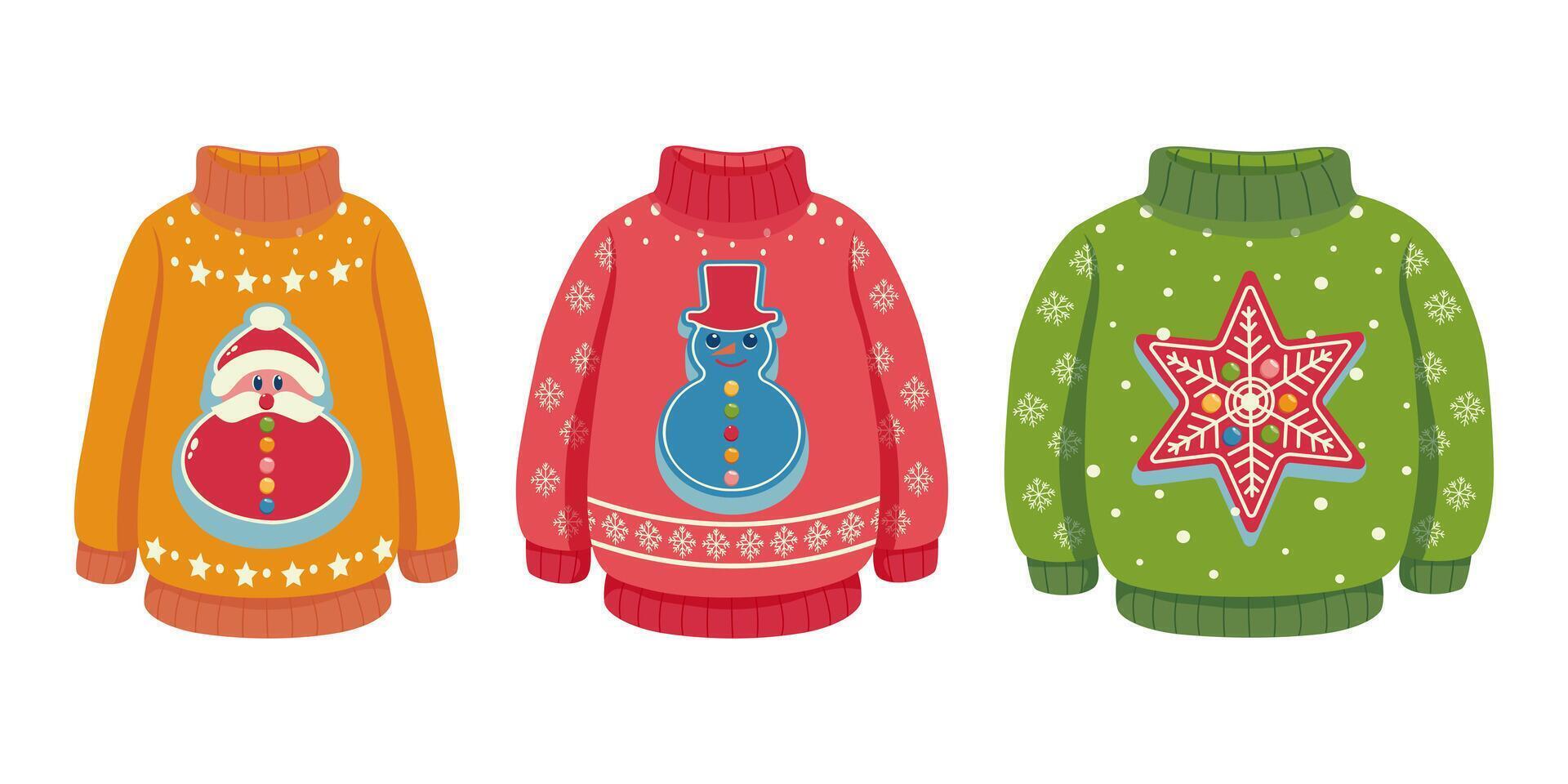 Set of festive Christmas ugly sweaters decorated with Santa, snowman, star, and tree motifs. Bright holiday themed illustrations on a white background. Winter clothing and holiday concept. vector
