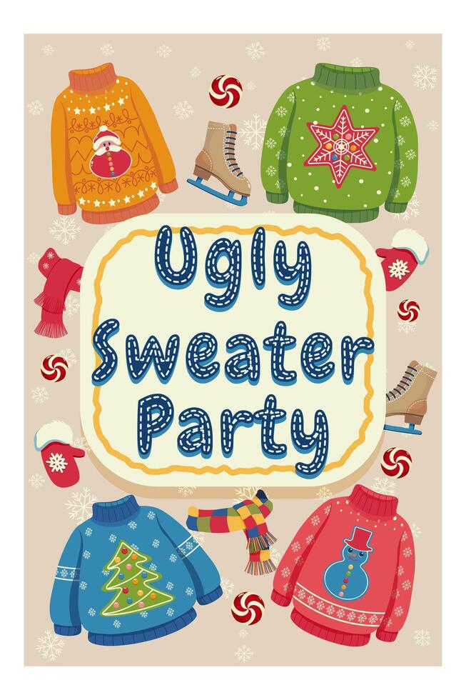 Festive Ugly Sweater Party illustration featuring Christmas themed sweaters, scarves, mittens, ice skates, and snowflakes on a beige background. Perfect for winter holiday invitation design. vector