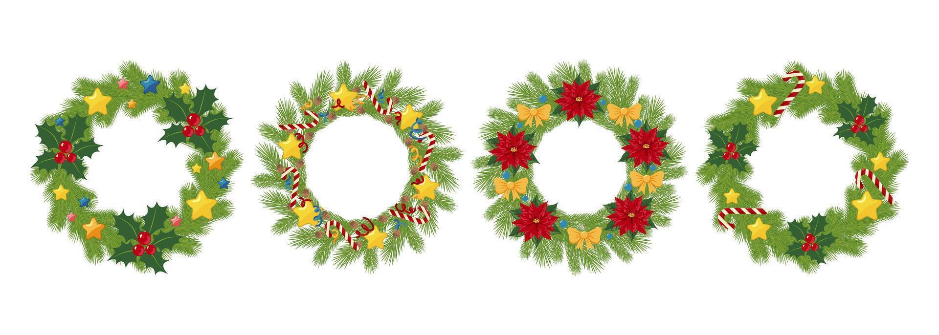 Set of four Christmas wreaths decorated with holly berry, poinsettias, stars, and candy canes on white background. Holiday decoration for New Year and Christmas celebration, greeting card, invitation. vector