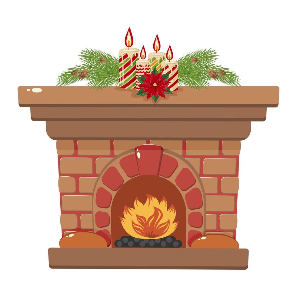 Brick Fireplace with Burning Fire and Decorative Christmas Candles on Mantel. Illustration for Winter Holiday Design. vector