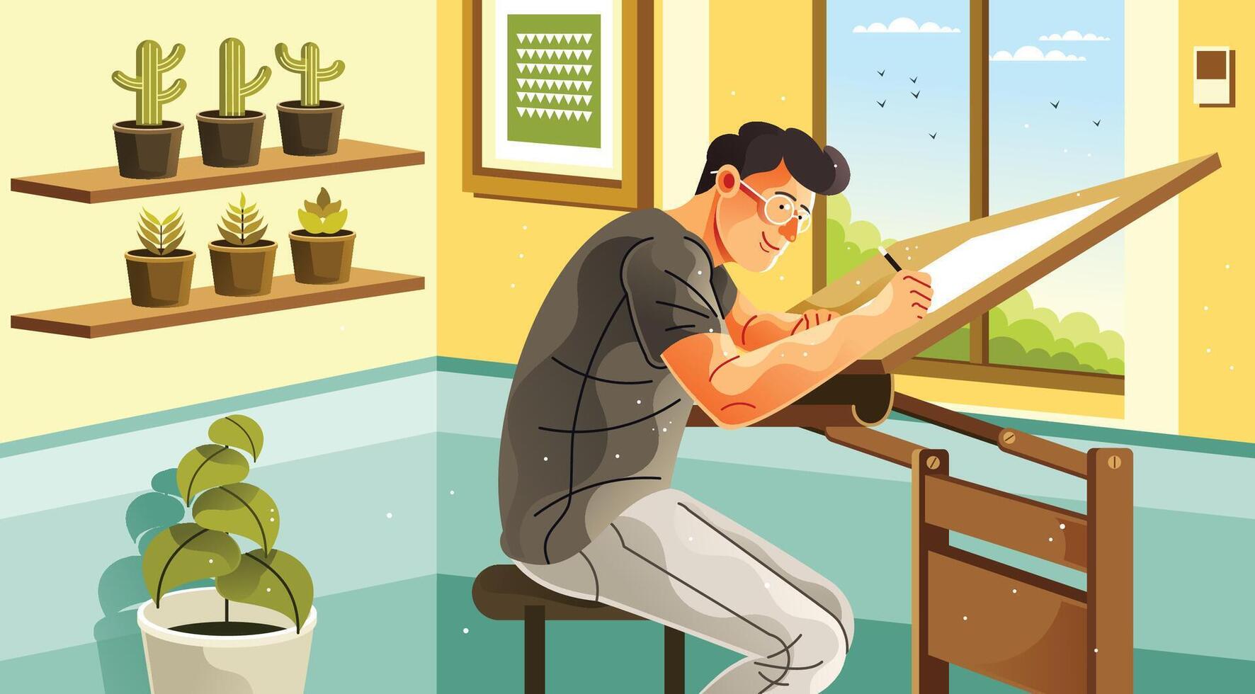 Young Architect Drawing at Studio Drafting Table vector