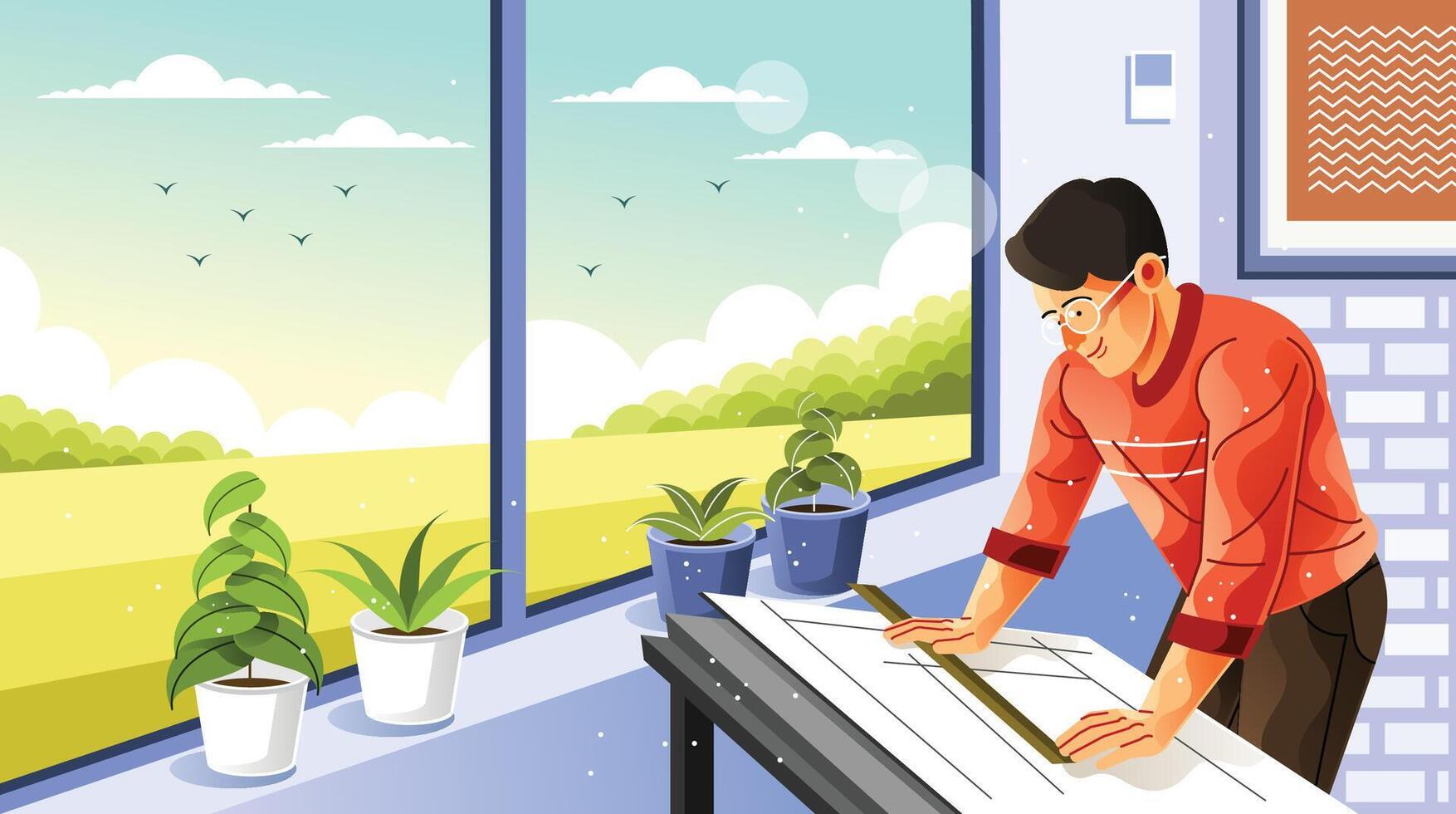 Young Male Interior Design Drawing in Home Illustration vector