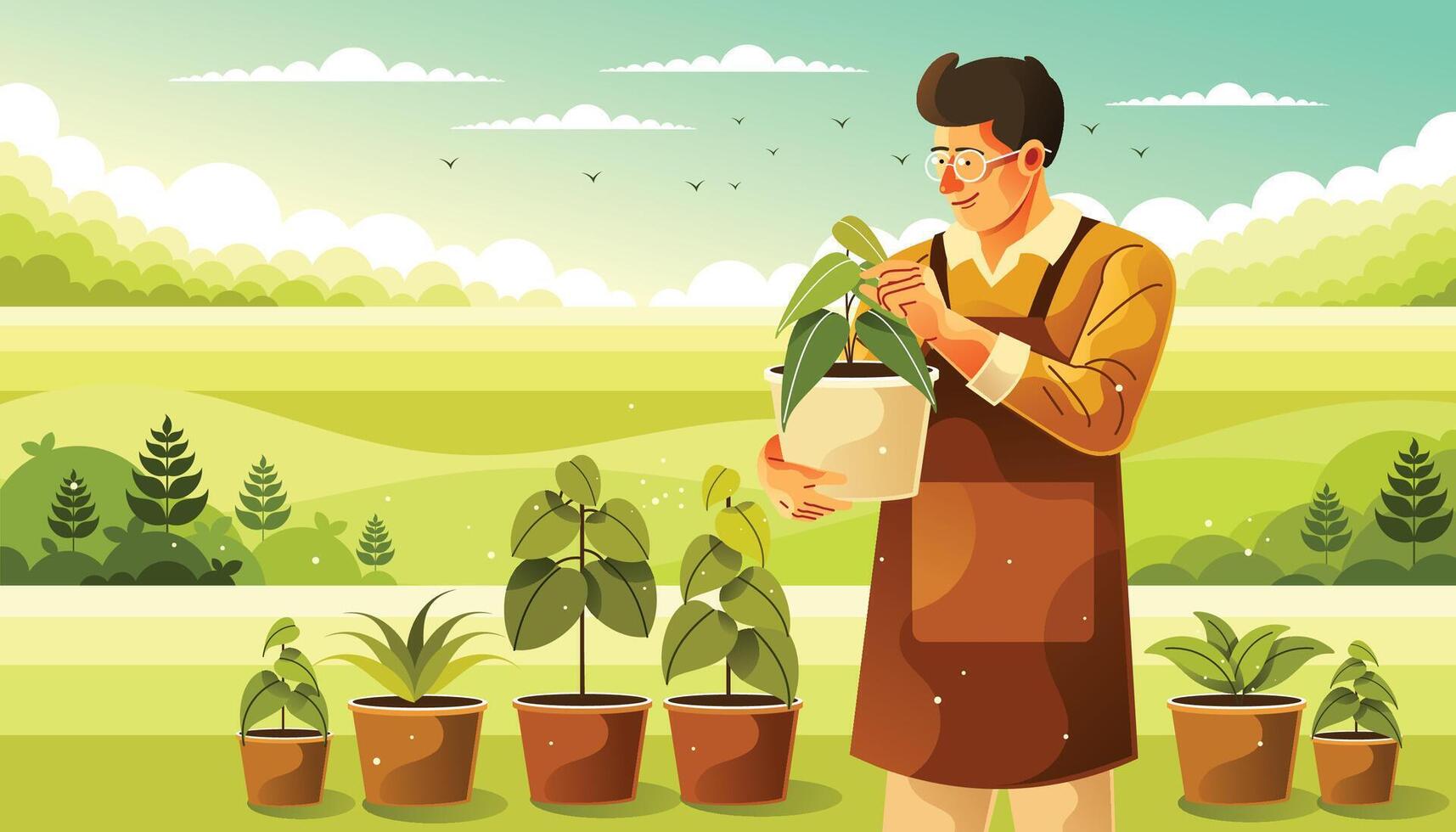 Young Gardener Taking Care of Plants Illustration vector