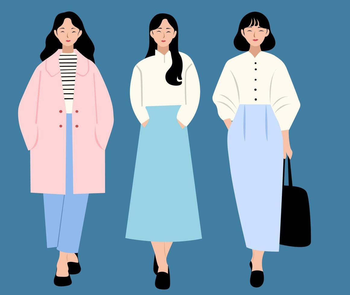 collection of woman wear cute outfit vector