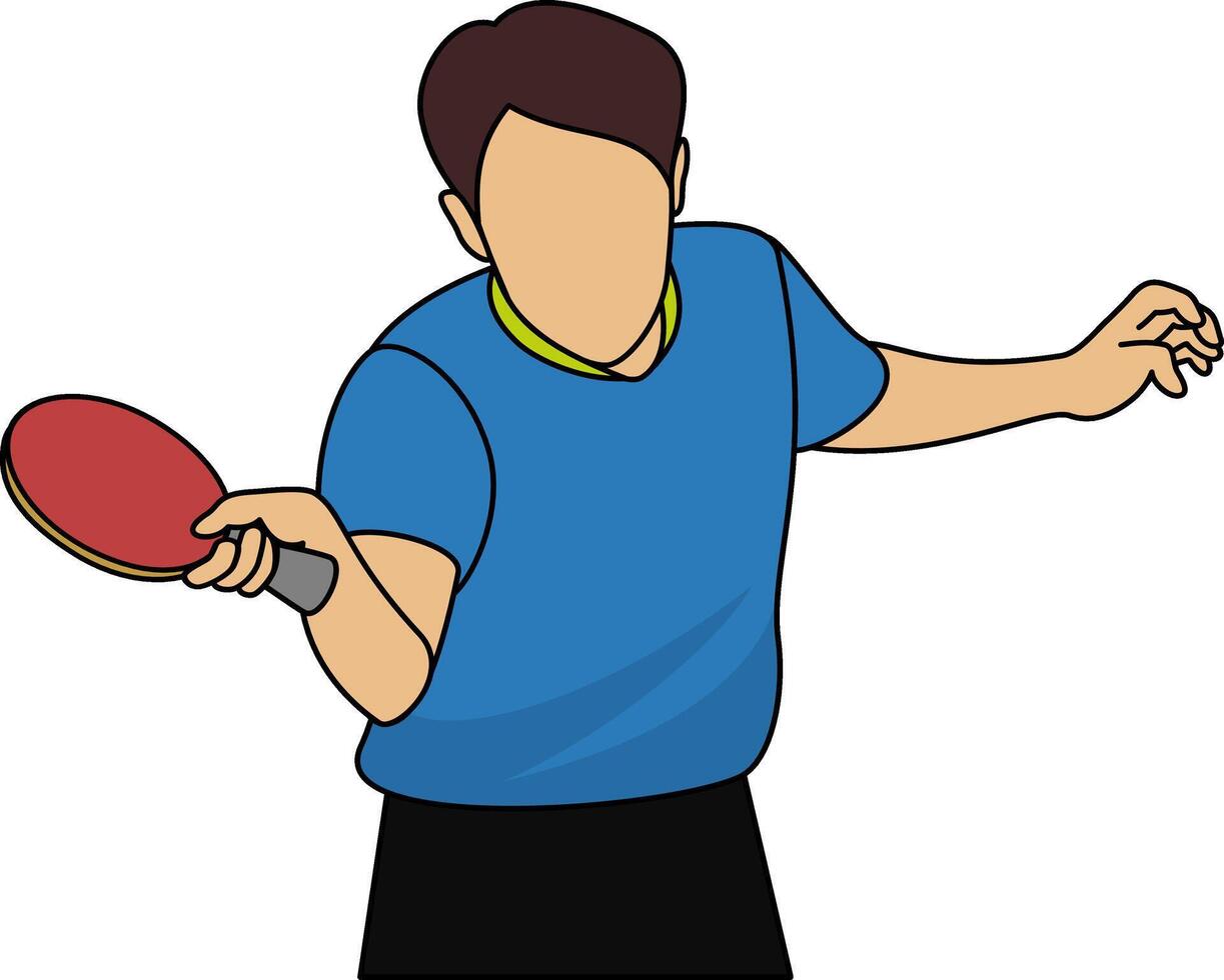 Flat illustration of a table tennis player in a blue shirt, preparing to serve with a red paddle. Perfect for sports graphics, table tennis-related content, or athletic themes vector