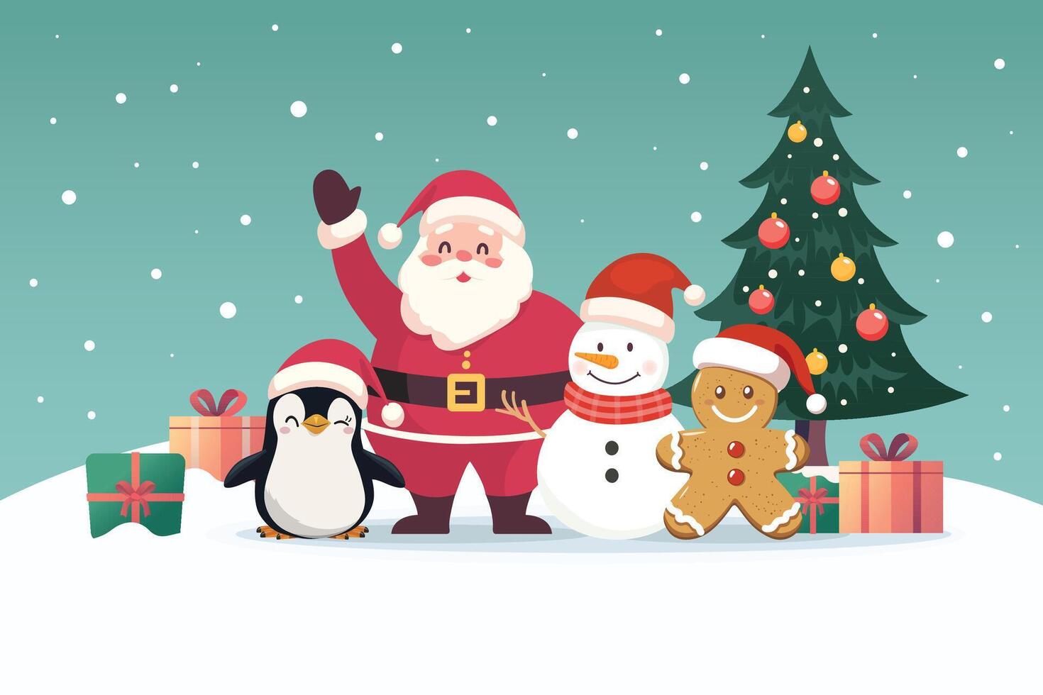 Santa claus with snowman gingerbreadman and penguin vector