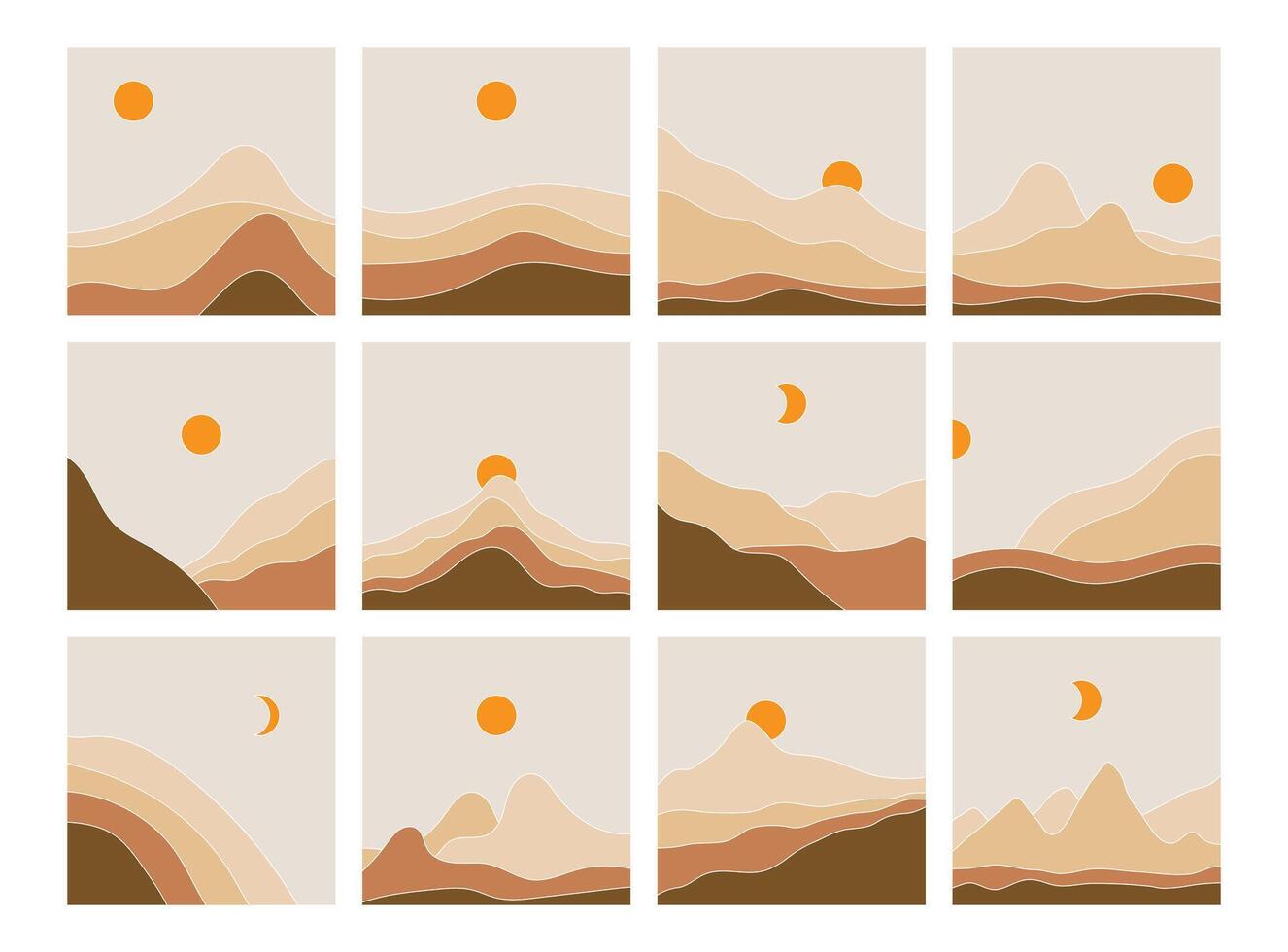 abstract landscape illustrations featuring mountains and suns in warm tones. vector