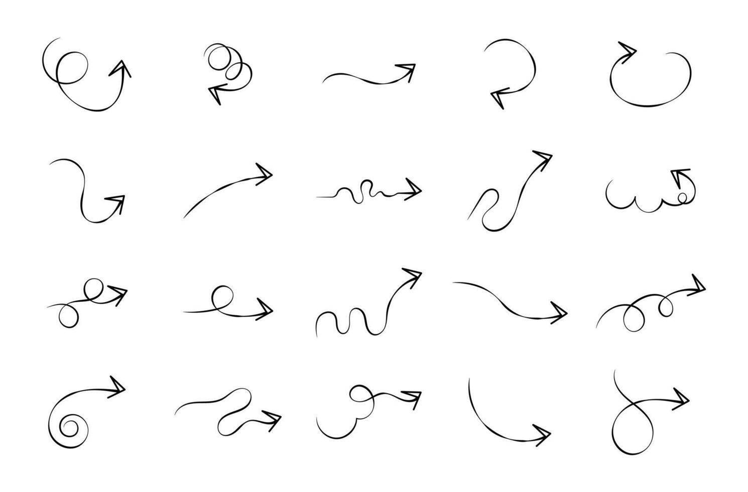 collection of various hand-drawn arrows and curved lines for graphic design purposes. vector