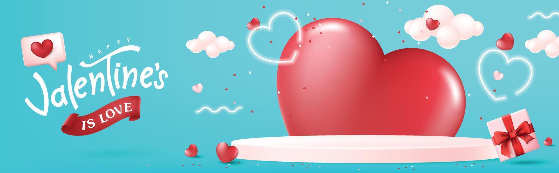 Valentines day promotion banner background with product display cylindrical shape and festive heart shaped decorations Elements vector