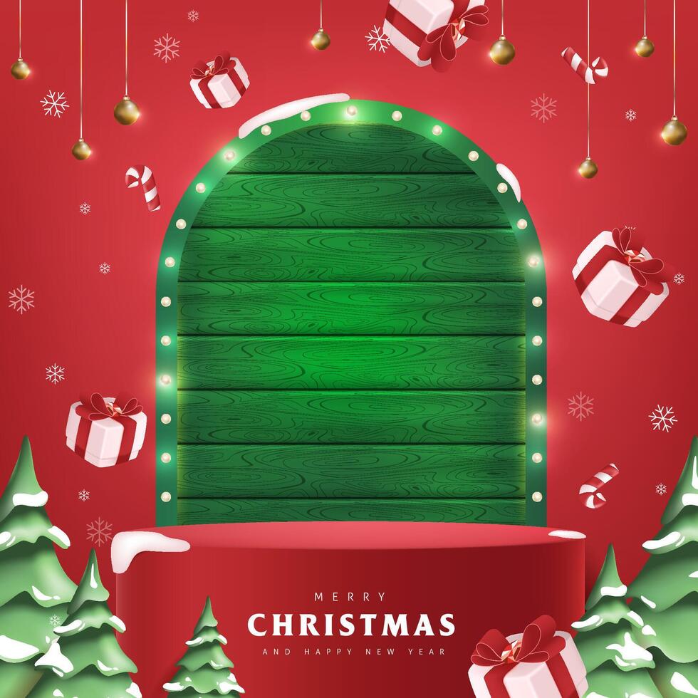 Merry Christmas banner with red product display Retro light bulbs green wood sign background and festive decoration for christmas vector