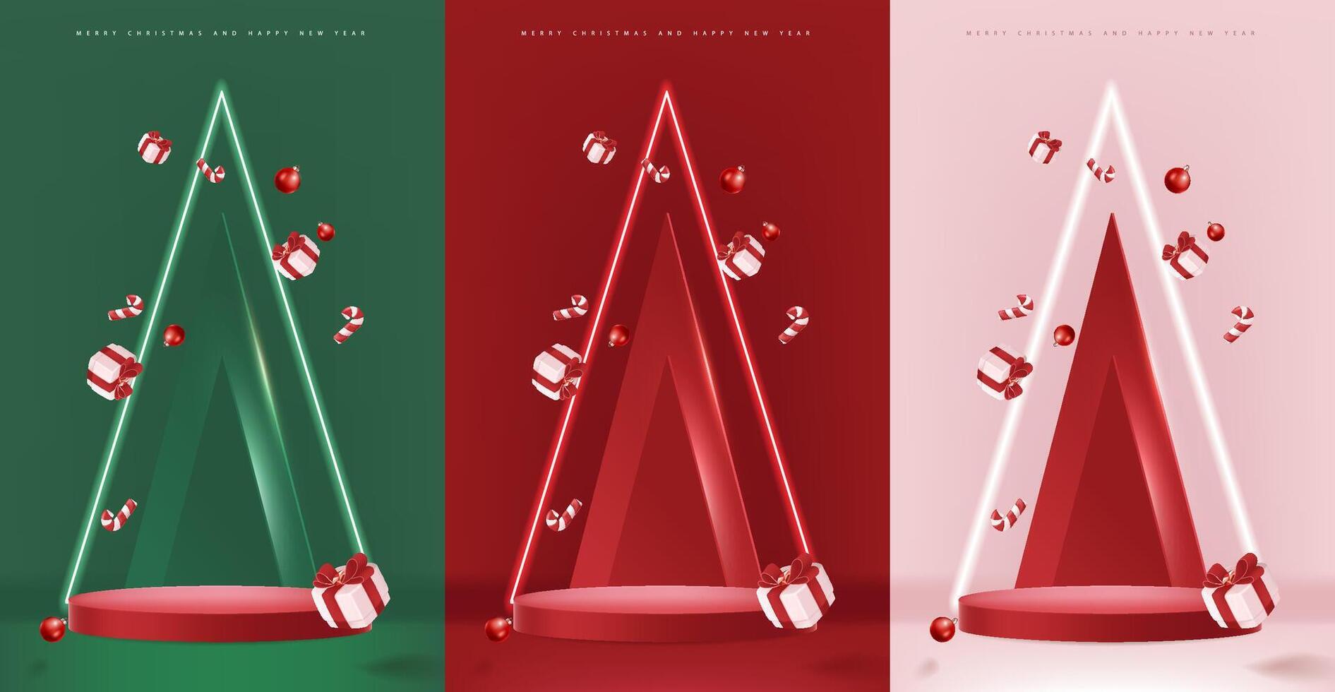 Merry Christmas and happy new year banner with red product display cylindrical shape and christmas tree and Light art decoration vector