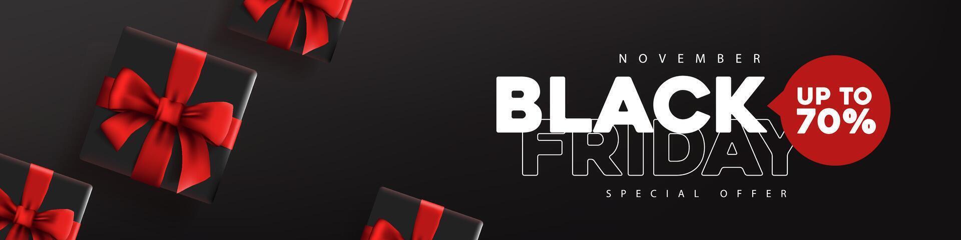 Black friday sale banner layout design template with black gift box red bow decorate. Advertising Poster design Black friday campaign. vector