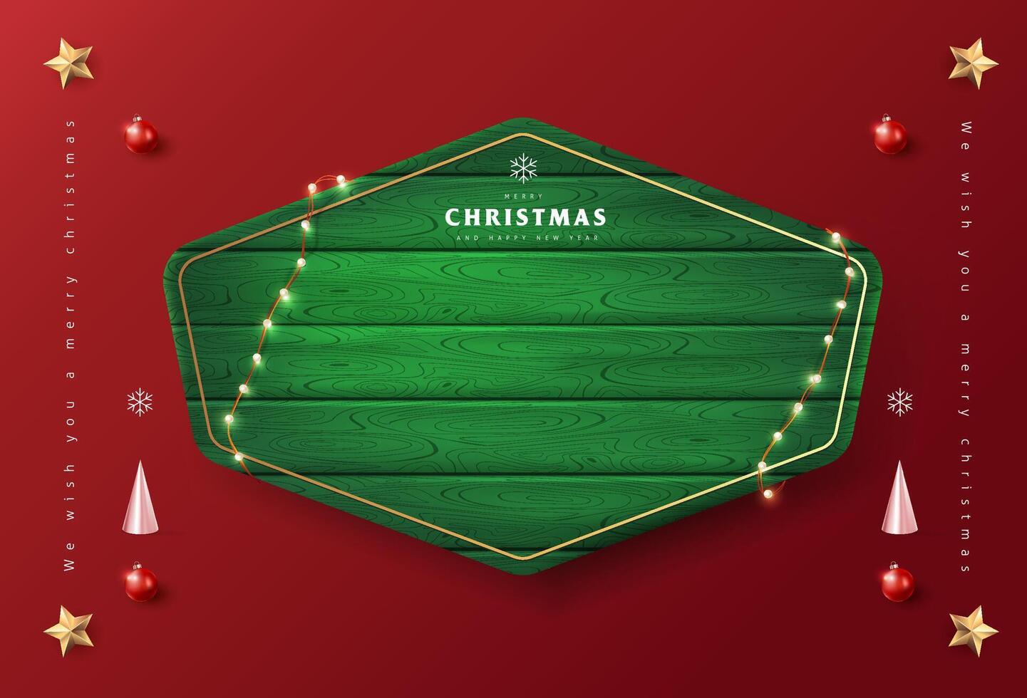 Merry Christmas sign banner green wood frame with empty space and festive decoration on red background vector