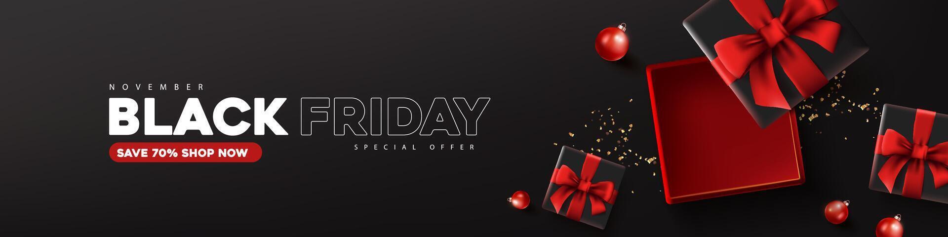 Black friday sale banner layout design template with open gift box red bow decorate vector