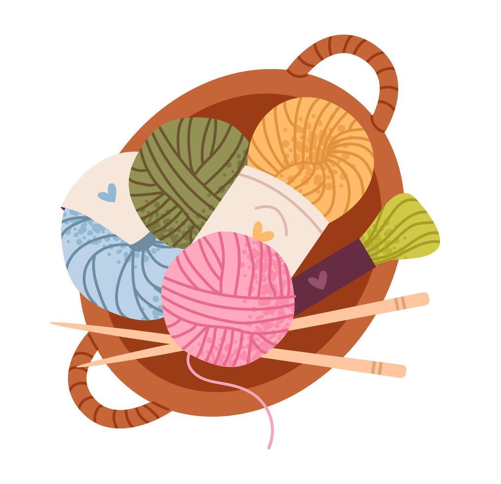 Knitting with cozy yarn balls, needles, and handmade elements. Crafting, handmade. A warm, leisurely hobby. Flat knitting set vector