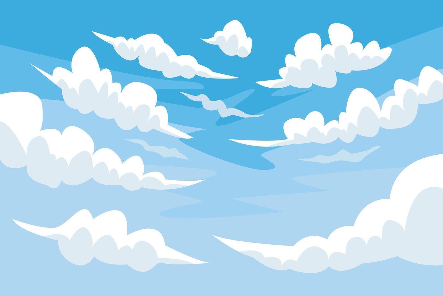 Illustration of bright sky clouds in flat style. Cloudy cartoon illustration in blue color. Nature abstract wallpaper. vector