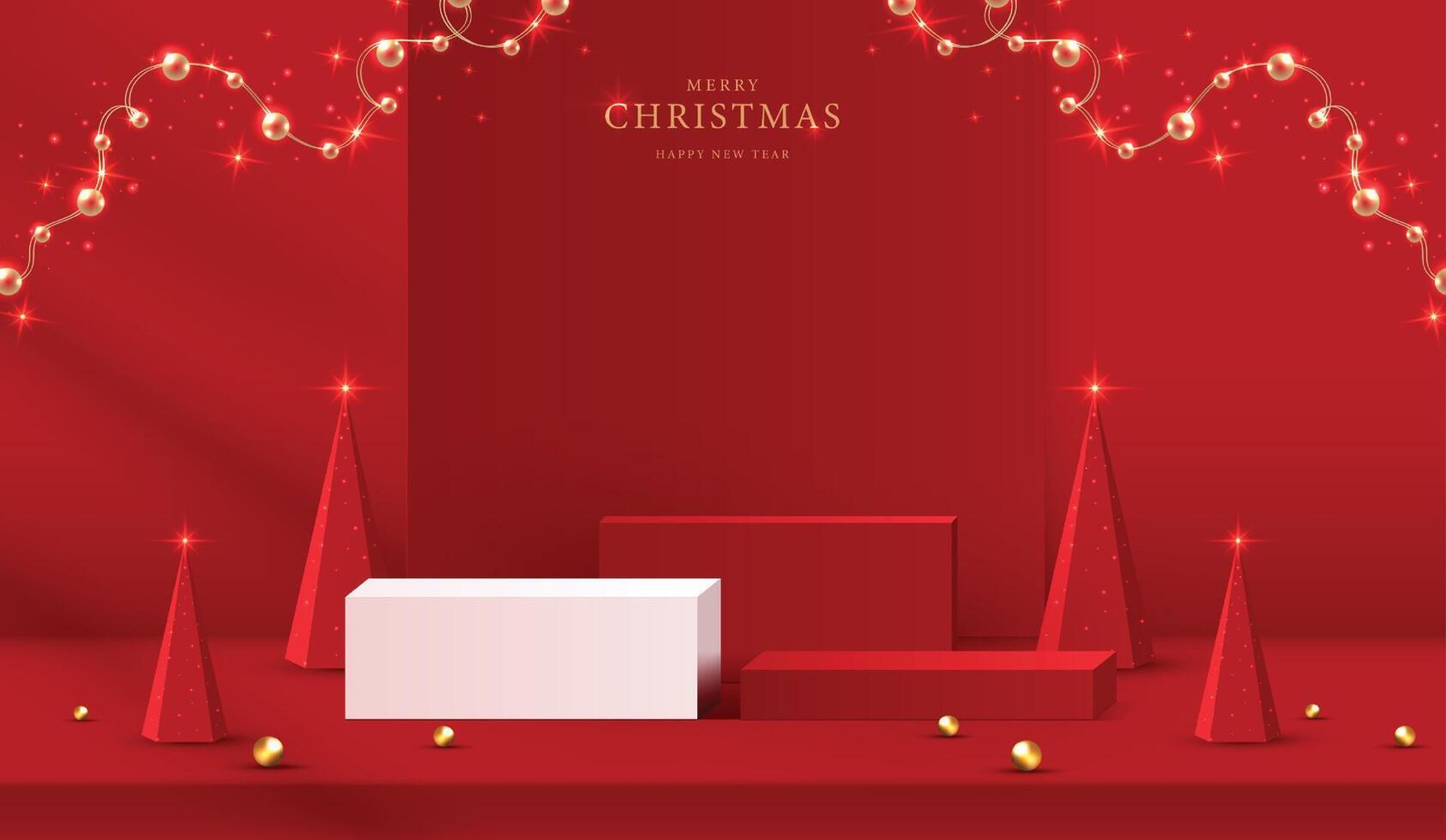Podium shape for show cosmetic product display for christmas day or new years. Stand product showcase on red background with lighting christmas. design. vector