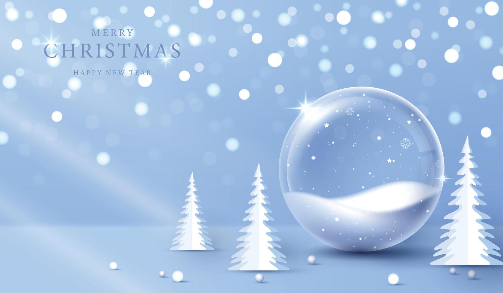 Christmas glass ball in snow with tree. glass globe for Christmas and New Year winter holiday, crystal baubles decoration with snowflakes on sparkling In shiny background. design. vector